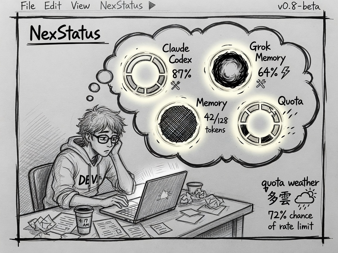 Hand-drawn comic of developer with NexStatus thought bubble