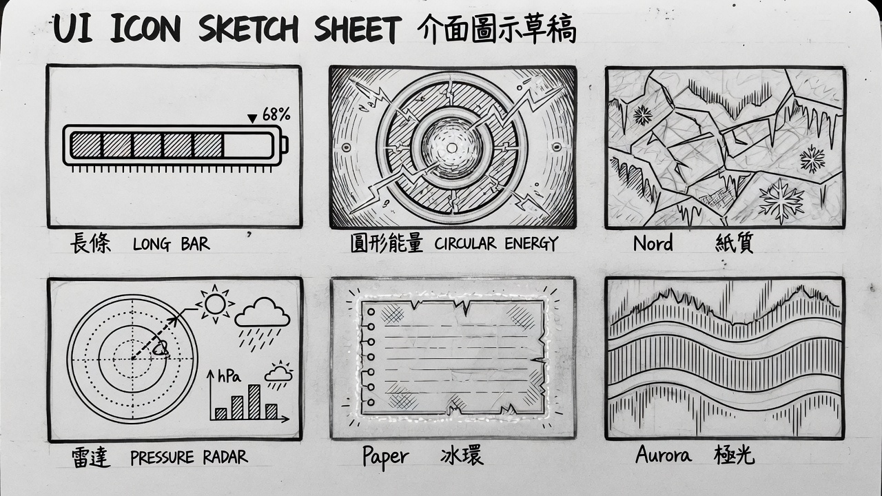 Hand-drawn sketch sheet of six NexStatus style pages